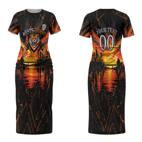 Personalised Wests Tigers City Of Rugby Couples Matching Short Sleeve Bodycon Dress and Hawaiian Shirt Sydney City Skyline Illustration Sport Fan