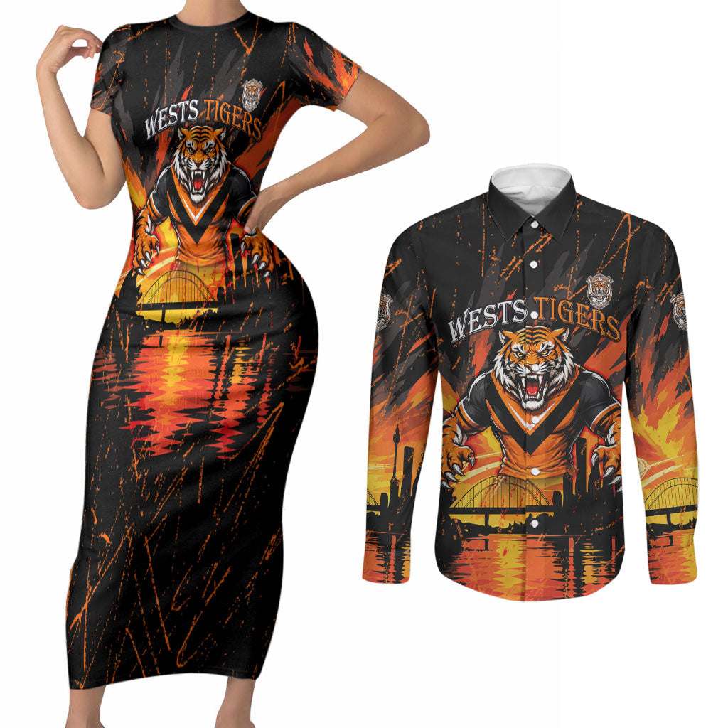 Personalised Wests Tigers City Of Rugby Couples Matching Short Sleeve Bodycon Dress and Long Sleeve Button Shirt Sydney City Skyline Illustration Sport Fan