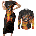 Personalised Wests Tigers City Of Rugby Couples Matching Short Sleeve Bodycon Dress and Long Sleeve Button Shirt Sydney City Skyline Illustration Sport Fan