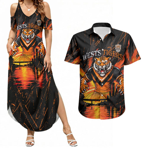 Personalised Wests Tigers City Of Rugby Couples Matching Summer Maxi Dress and Hawaiian Shirt Sydney City Skyline Illustration Sport Fan