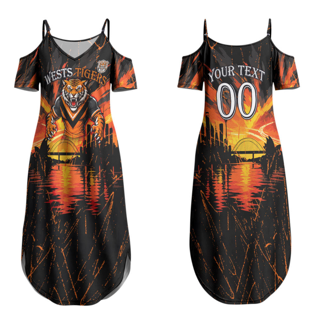 Personalised Wests Tigers City Of Rugby Couples Matching Summer Maxi Dress and Hawaiian Shirt Sydney City Skyline Illustration Sport Fan