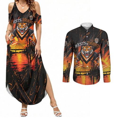Personalised Wests Tigers City Of Rugby Couples Matching Summer Maxi Dress and Long Sleeve Button Shirt Sydney City Skyline Illustration Sport Fan