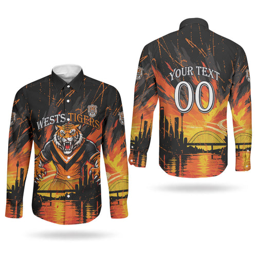 Personalised Wests Tigers City Of Rugby Couples Matching Summer Maxi Dress and Long Sleeve Button Shirt Sydney City Skyline Illustration Sport Fan