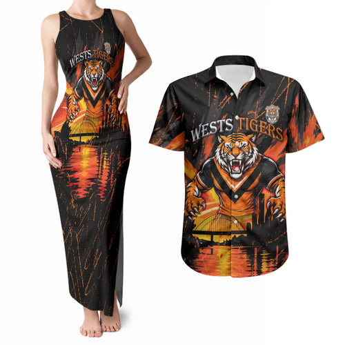 Personalised Wests Tigers City Of Rugby Couples Matching Tank Maxi Dress and Hawaiian Shirt Sydney City Skyline Illustration Sport Fan