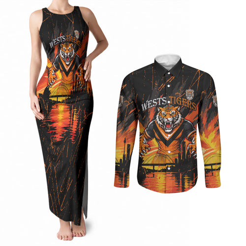 Personalised Wests Tigers City Of Rugby Couples Matching Tank Maxi Dress and Long Sleeve Button Shirt Sydney City Skyline Illustration Sport Fan