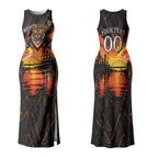 Personalised Wests Tigers City Of Rugby Couples Matching Tank Maxi Dress and Long Sleeve Button Shirt Sydney City Skyline Illustration Sport Fan