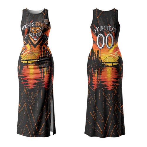 Personalised Wests Tigers City Of Rugby Couples Matching Tank Maxi Dress and Long Sleeve Button Shirt Sydney City Skyline Illustration Sport Fan