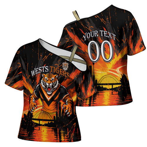Personalised Wests Tigers City Of Rugby Cross Shoulder Shirt Sydney City Skyline Illustration Sport Fan