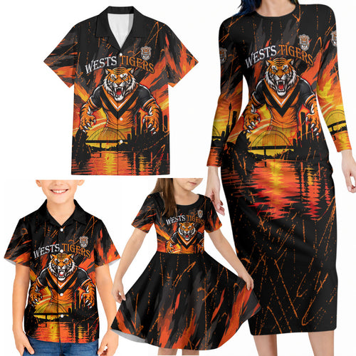 Personalised Wests Tigers City Of Rugby Family Matching Long Sleeve Bodycon Dress and Hawaiian Shirt Sydney City Skyline Illustration Sport Fan
