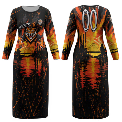 Personalised Wests Tigers City Of Rugby Family Matching Long Sleeve Bodycon Dress and Hawaiian Shirt Sydney City Skyline Illustration Sport Fan