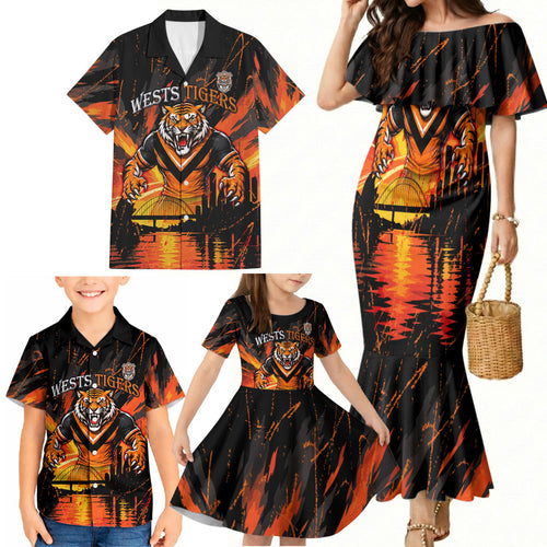 Personalised Wests Tigers City Of Rugby Family Matching Mermaid Dress and Hawaiian Shirt Sydney City Skyline Illustration Sport Fan