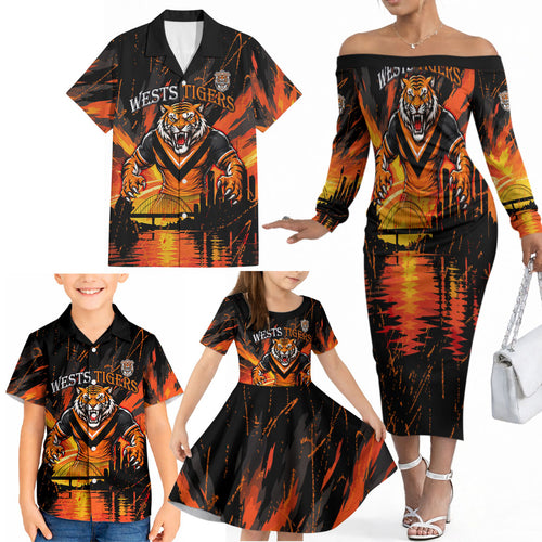 Personalised Wests Tigers City Of Rugby Family Matching Off The Shoulder Long Sleeve Dress and Hawaiian Shirt Sydney City Skyline Illustration Sport Fan