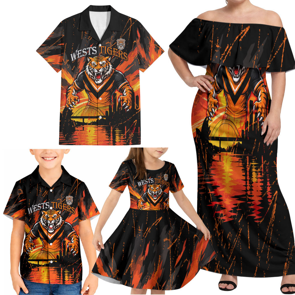Personalised Wests Tigers City Of Rugby Family Matching Off Shoulder Maxi Dress and Hawaiian Shirt Sydney City Skyline Illustration Sport Fan