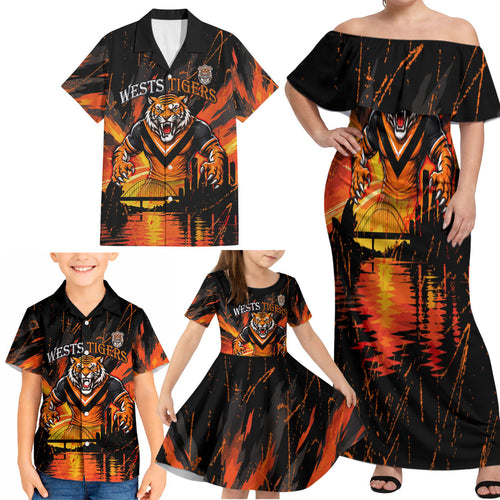 Personalised Wests Tigers City Of Rugby Family Matching Off Shoulder Maxi Dress and Hawaiian Shirt Sydney City Skyline Illustration Sport Fan