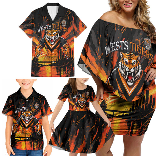 Personalised Wests Tigers City Of Rugby Family Matching Off Shoulder Short Dress and Hawaiian Shirt Sydney City Skyline Illustration Sport Fan