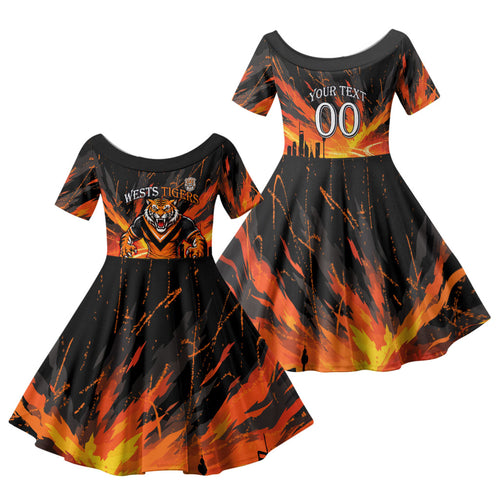 Personalised Wests Tigers City Of Rugby Family Matching Off Shoulder Short Dress and Hawaiian Shirt Sydney City Skyline Illustration Sport Fan