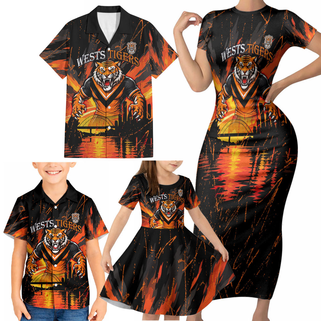 Personalised Wests Tigers City Of Rugby Family Matching Short Sleeve Bodycon Dress and Hawaiian Shirt Sydney City Skyline Illustration Sport Fan