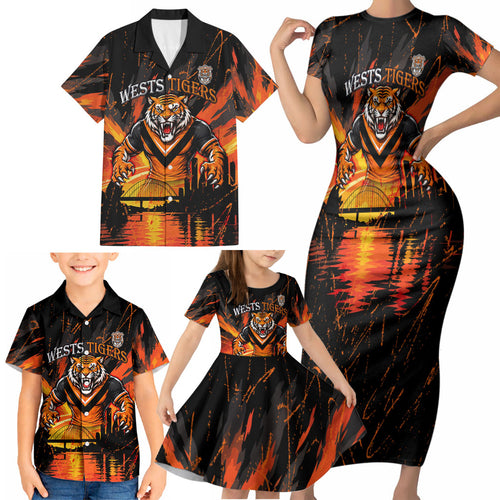 Personalised Wests Tigers City Of Rugby Family Matching Short Sleeve Bodycon Dress and Hawaiian Shirt Sydney City Skyline Illustration Sport Fan