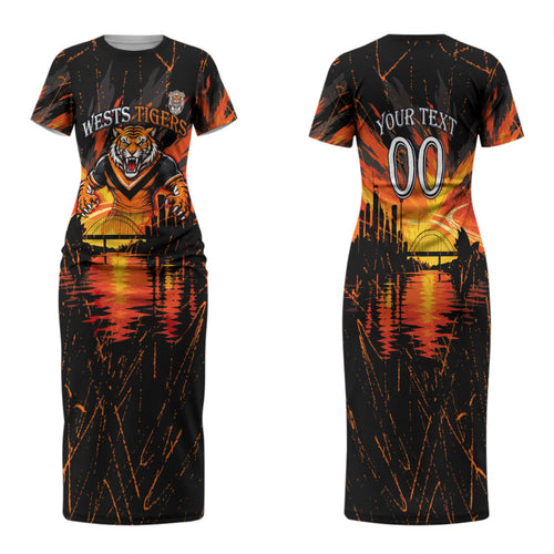 Personalised Wests Tigers City Of Rugby Family Matching Short Sleeve Bodycon Dress and Hawaiian Shirt Sydney City Skyline Illustration Sport Fan