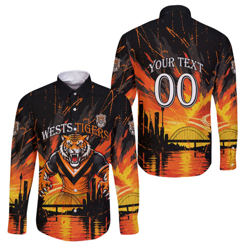 Personalised Wests Tigers City Of Rugby Family Matching Short Sleeve Bodycon Dress and Hawaiian Shirt Sydney City Skyline Illustration Sport Fan