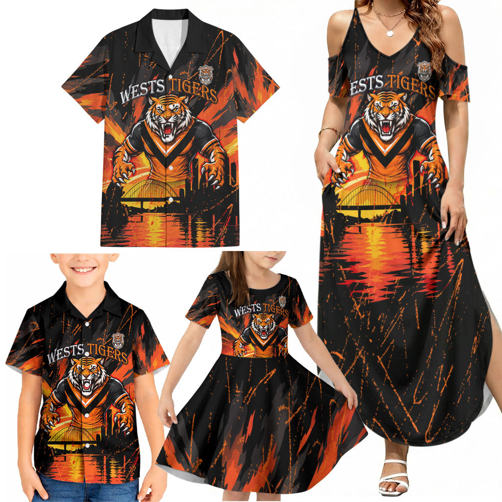 Personalised Wests Tigers City Of Rugby Family Matching Summer Maxi Dress and Hawaiian Shirt Sydney City Skyline Illustration Sport Fan