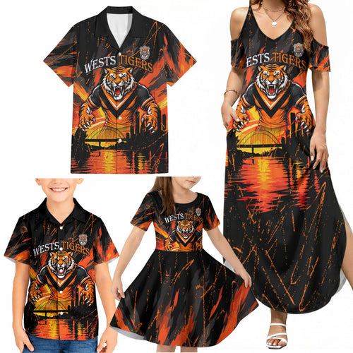 Personalised Wests Tigers City Of Rugby Family Matching Summer Maxi Dress and Hawaiian Shirt Sydney City Skyline Illustration Sport Fan