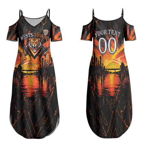 Personalised Wests Tigers City Of Rugby Family Matching Summer Maxi Dress and Hawaiian Shirt Sydney City Skyline Illustration Sport Fan