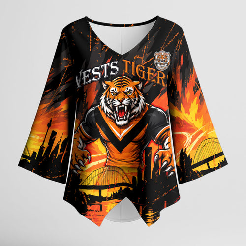 Personalised Wests Tigers City Of Rugby Kimono Sleeve Blouse Sydney City Skyline Illustration Sport Fan