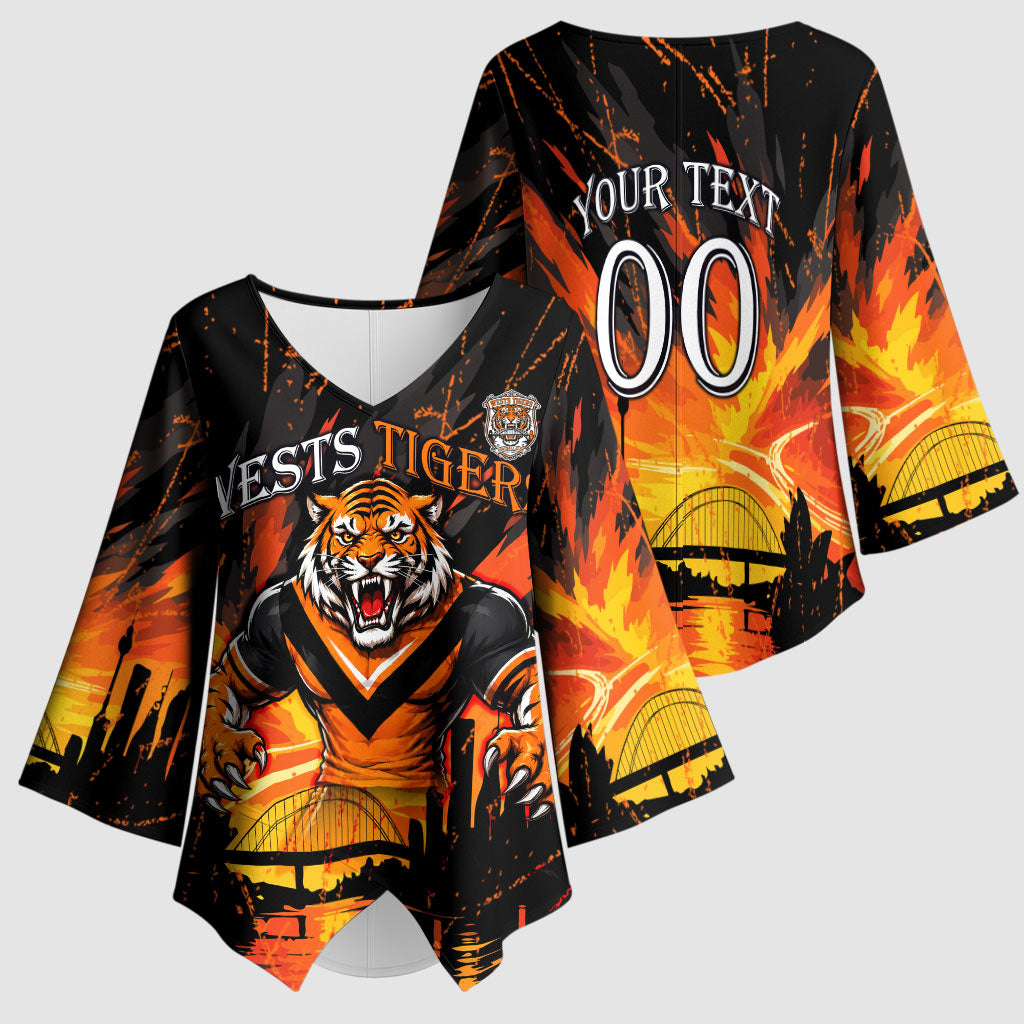 Personalised Wests Tigers City Of Rugby Kimono Sleeve Blouse Sydney City Skyline Illustration Sport Fan