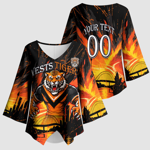 Personalised Wests Tigers City Of Rugby Kimono Sleeve Blouse Sydney City Skyline Illustration Sport Fan