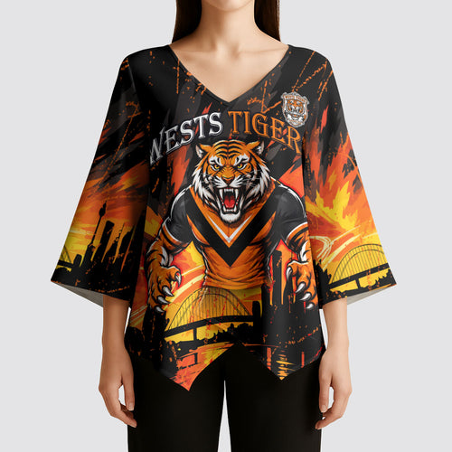 Personalised Wests Tigers City Of Rugby Kimono Sleeve Blouse Sydney City Skyline Illustration Sport Fan