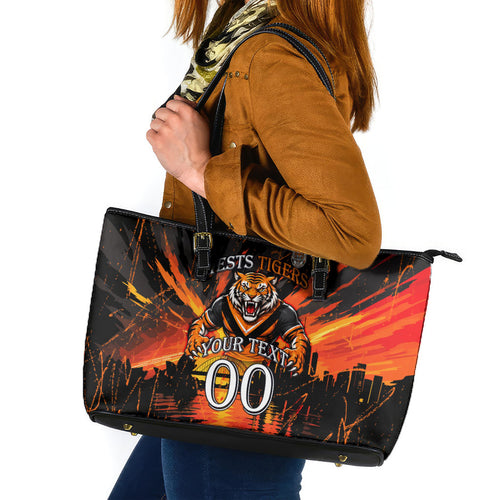 Personalised Wests Tigers City Of Rugby Leather Tote Bag Sydney City Skyline Illustration Sport Fan