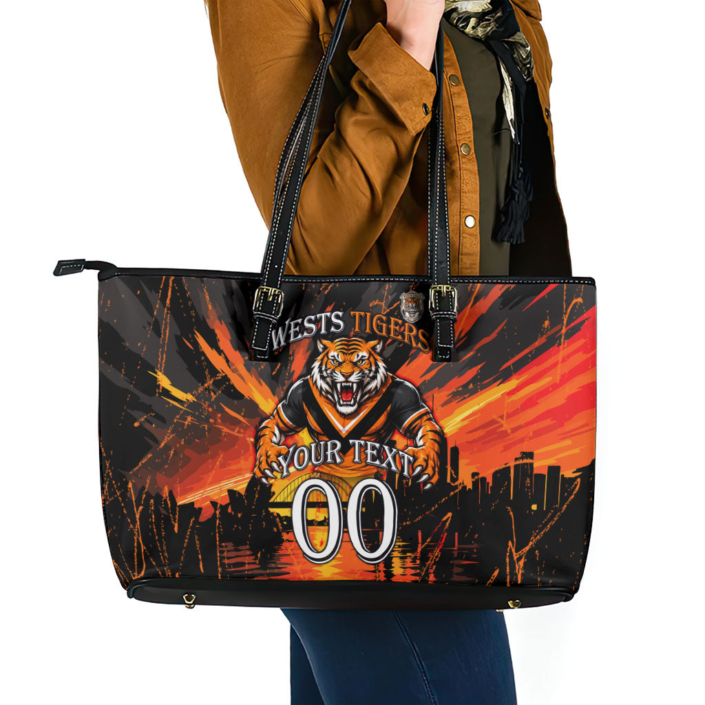 Personalised Wests Tigers City Of Rugby Leather Tote Bag Sydney City Skyline Illustration Sport Fan