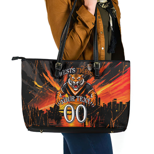 Personalised Wests Tigers City Of Rugby Leather Tote Bag Sydney City Skyline Illustration Sport Fan