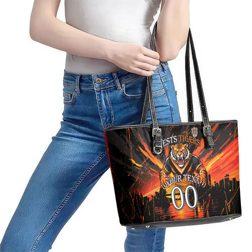 Personalised Wests Tigers City Of Rugby Leather Tote Bag Sydney City Skyline Illustration Sport Fan