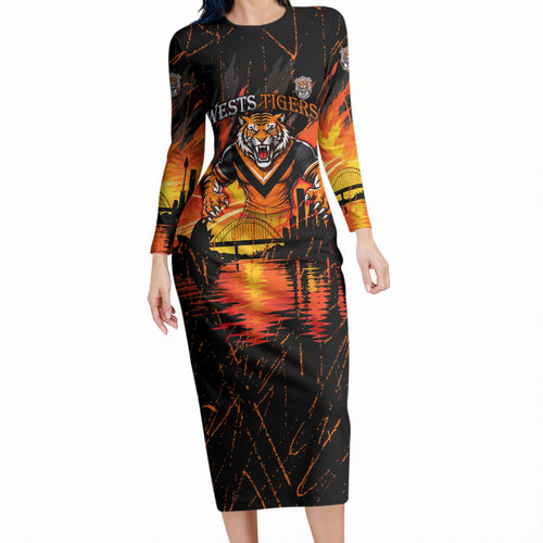 Personalised Wests Tigers City Of Rugby Long Sleeve Bodycon Dress Sydney City Skyline Illustration Sport Fan