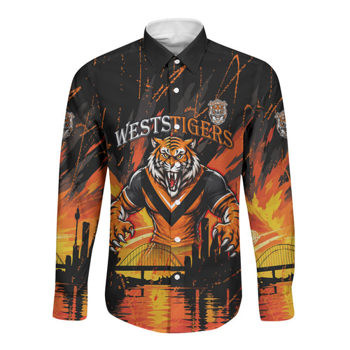 Personalised Wests Tigers City Of Rugby Long Sleeve Button Shirt Sydney City Skyline Illustration Sport Fan