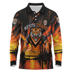 Personalised Wests Tigers City Of Rugby Long Sleeve Polo Shirt Sydney City Skyline Illustration Sport Fan