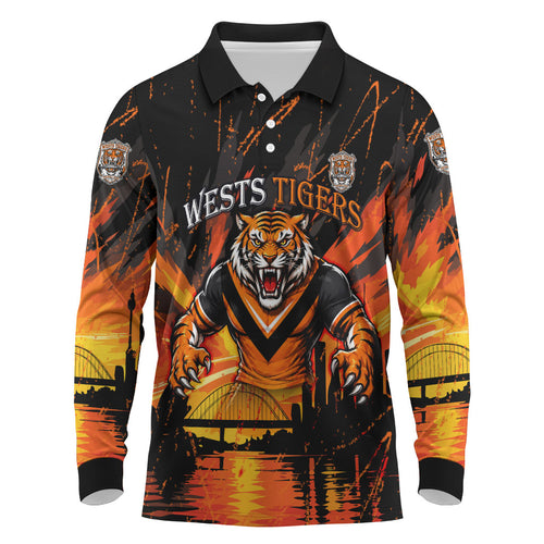 Personalised Wests Tigers City Of Rugby Long Sleeve Polo Shirt Sydney City Skyline Illustration Sport Fan
