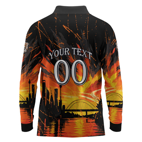 Personalised Wests Tigers City Of Rugby Long Sleeve Polo Shirt Sydney City Skyline Illustration Sport Fan