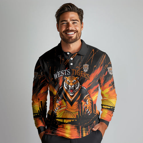 Personalised Wests Tigers City Of Rugby Long Sleeve Polo Shirt Sydney City Skyline Illustration Sport Fan