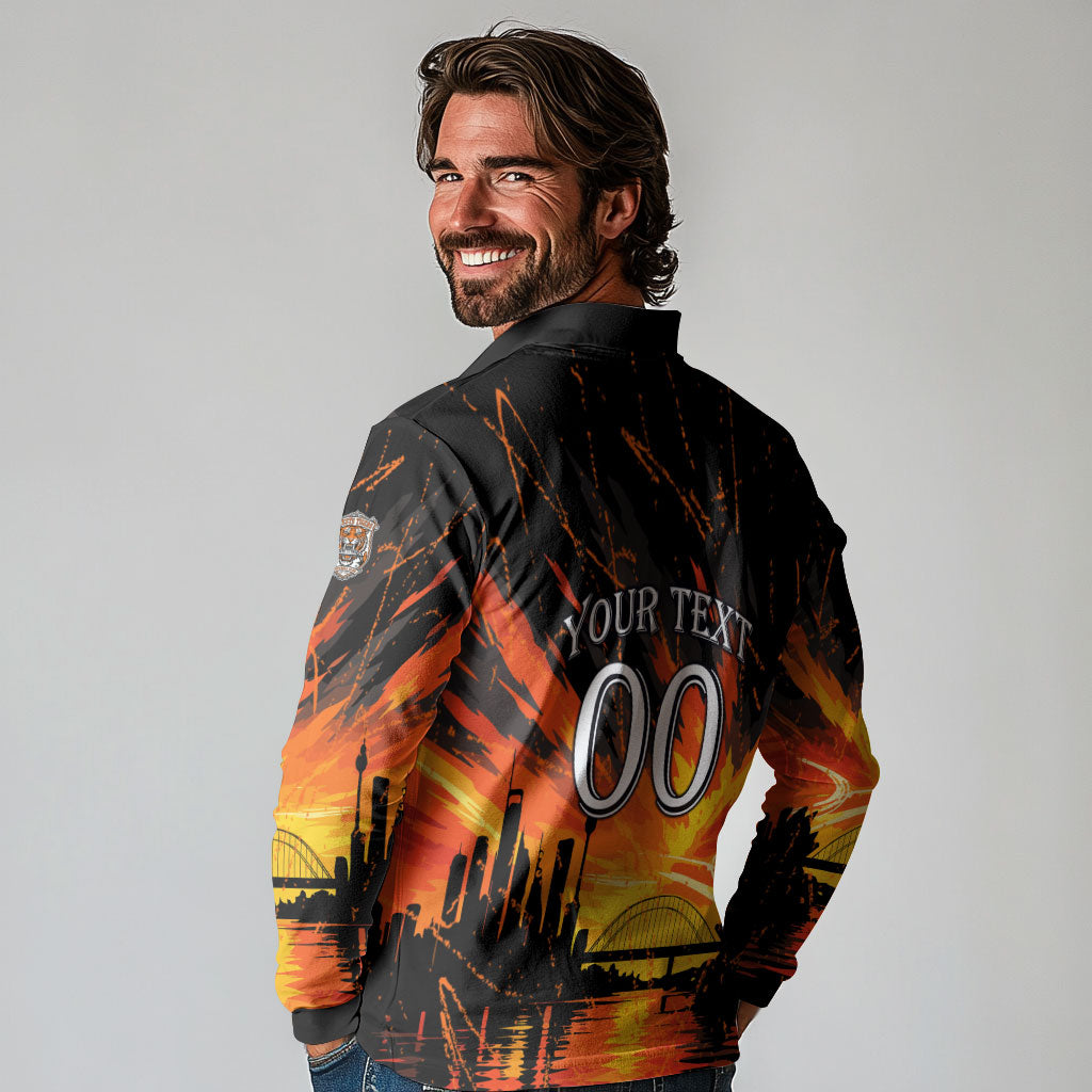 Personalised Wests Tigers City Of Rugby Long Sleeve Polo Shirt Sydney City Skyline Illustration Sport Fan