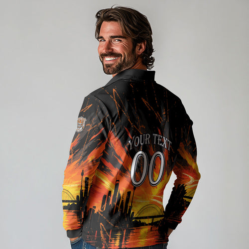 Personalised Wests Tigers City Of Rugby Long Sleeve Polo Shirt Sydney City Skyline Illustration Sport Fan