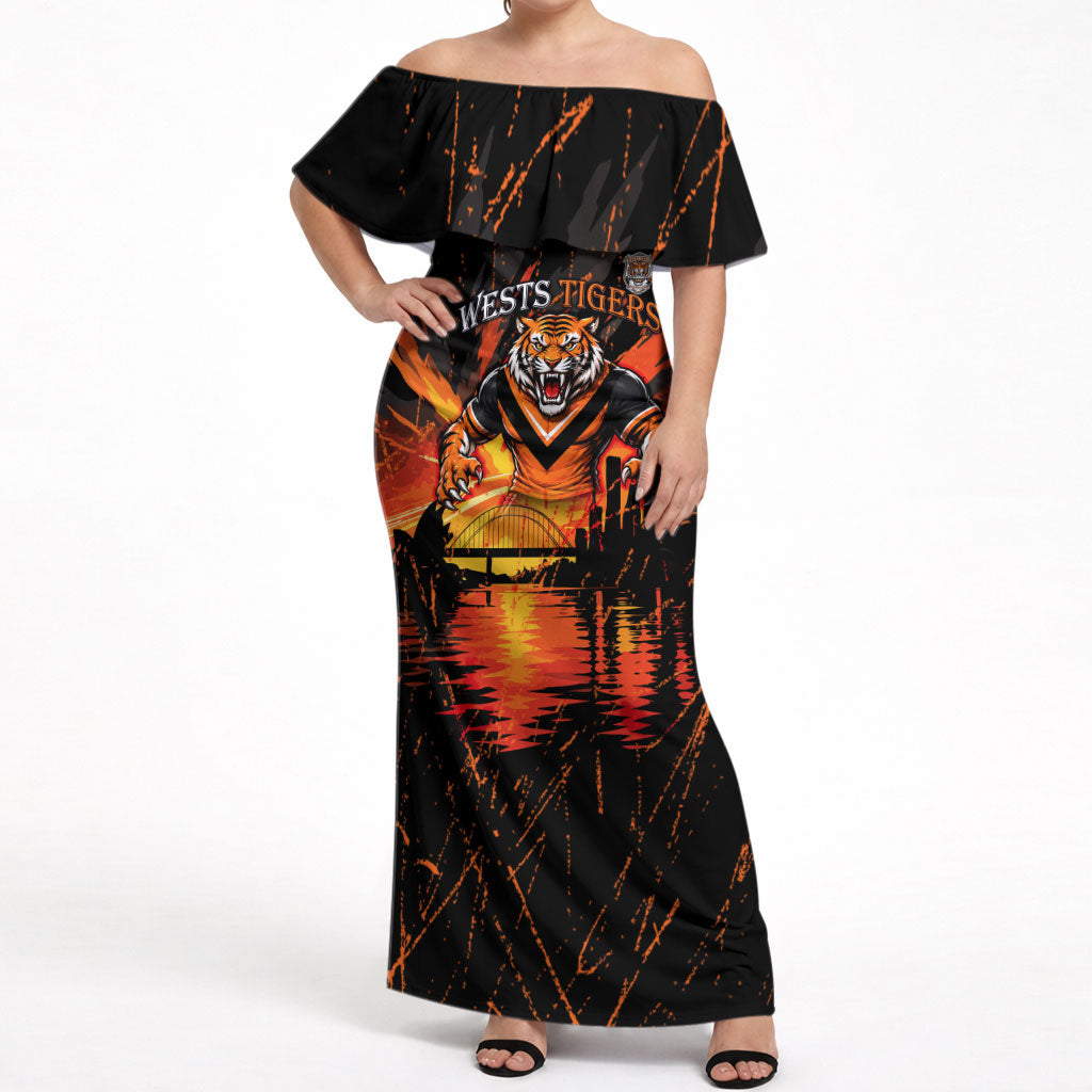 Personalised Wests Tigers City Of Rugby Off Shoulder Maxi Dress Sydney City Skyline Illustration Sport Fan