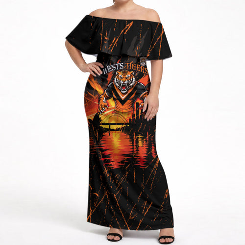 Personalised Wests Tigers City Of Rugby Off Shoulder Maxi Dress Sydney City Skyline Illustration Sport Fan