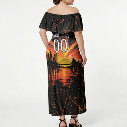 Personalised Wests Tigers City Of Rugby Off Shoulder Maxi Dress Sydney City Skyline Illustration Sport Fan