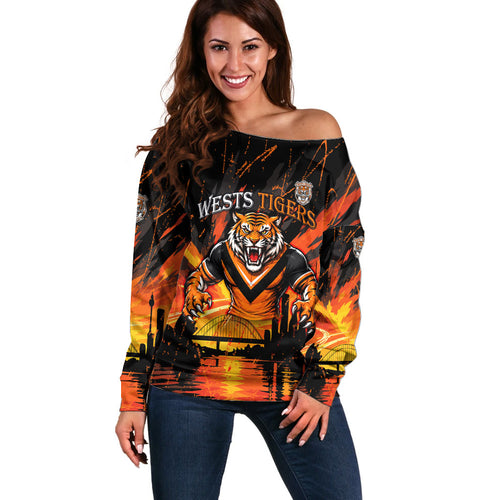 Personalised Wests Tigers City Of Rugby Off Shoulder Sweater Sydney City Skyline Illustration Sport Fan