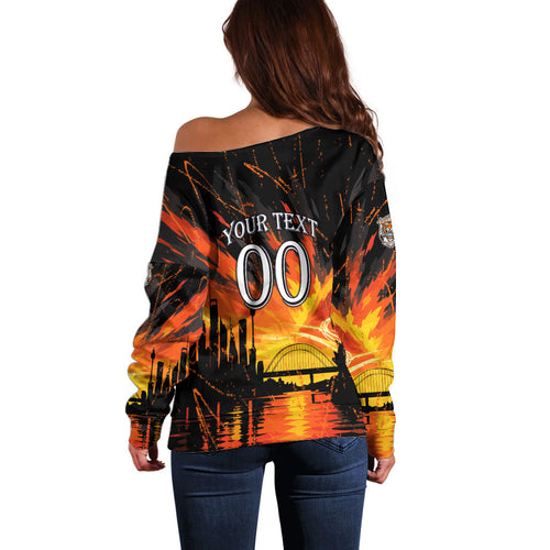 Personalised Wests Tigers City Of Rugby Off Shoulder Sweater Sydney City Skyline Illustration Sport Fan