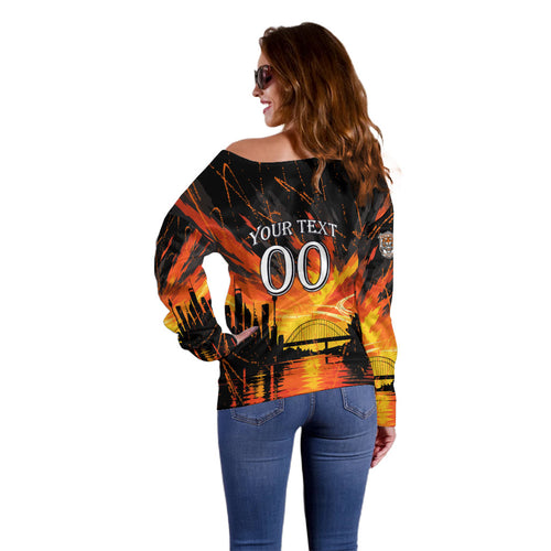 Personalised Wests Tigers City Of Rugby Off Shoulder Sweater Sydney City Skyline Illustration Sport Fan