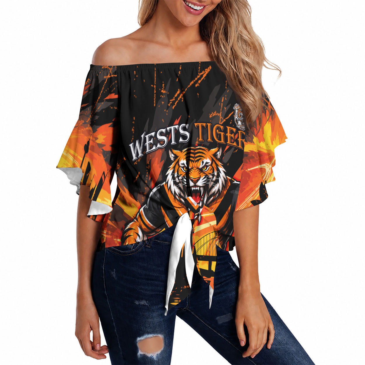 Personalised Wests Tigers City Of Rugby Off Shoulder Wrap Waist Top Sydney City Skyline Illustration Sport Fan
